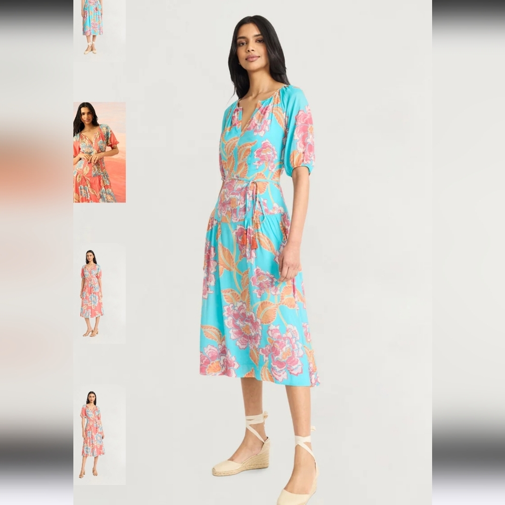 Aqua Floral Tie-Waist Midi Dress with Pink & Peach Flowers